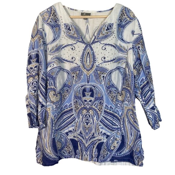 JM Collection Bohemian Womens L Large Linen Pullover Tunic Top Blue Paisley Stud - Picture 1 of 10